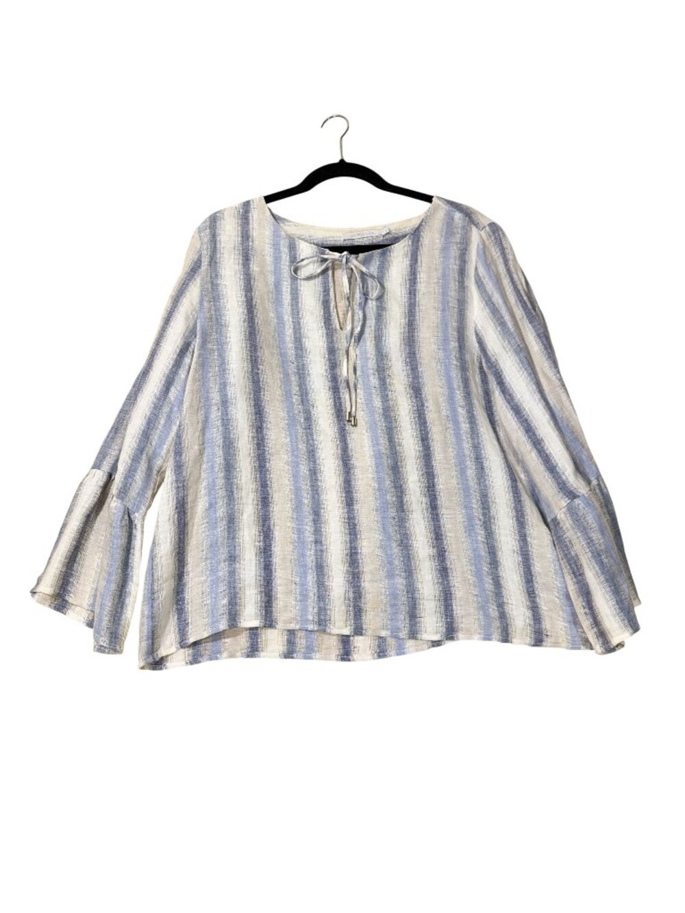 Lauren Vidal Women’s Blue White Striped Linen Bell Sleeve Peasant Top Size L